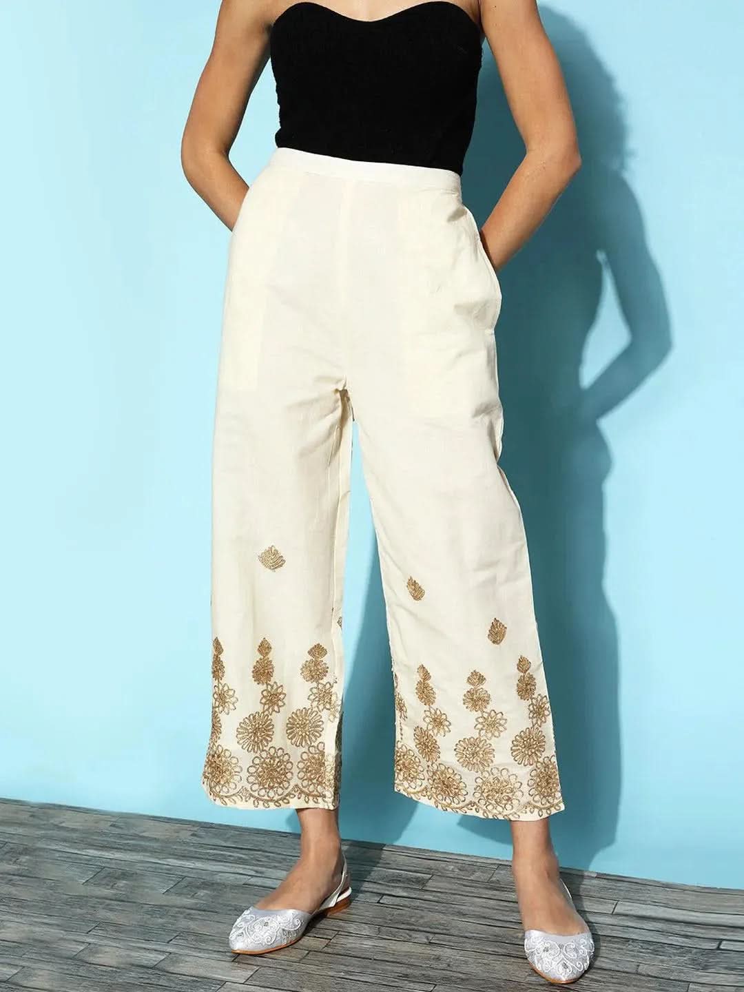 Cream Embroidered Cotton Palazzos - Libas
