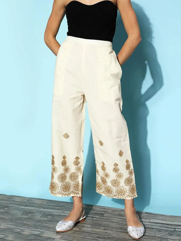 Cream Embroidered Cotton Palazzos - Libas