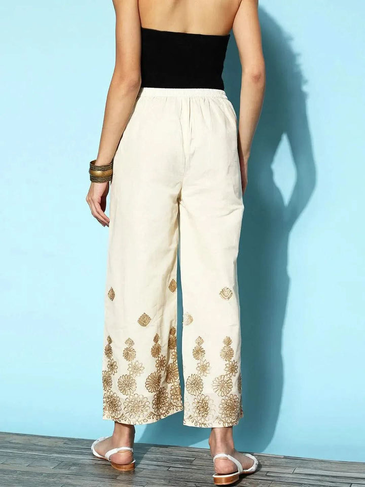 Cream Embroidered Cotton Palazzos - Libas