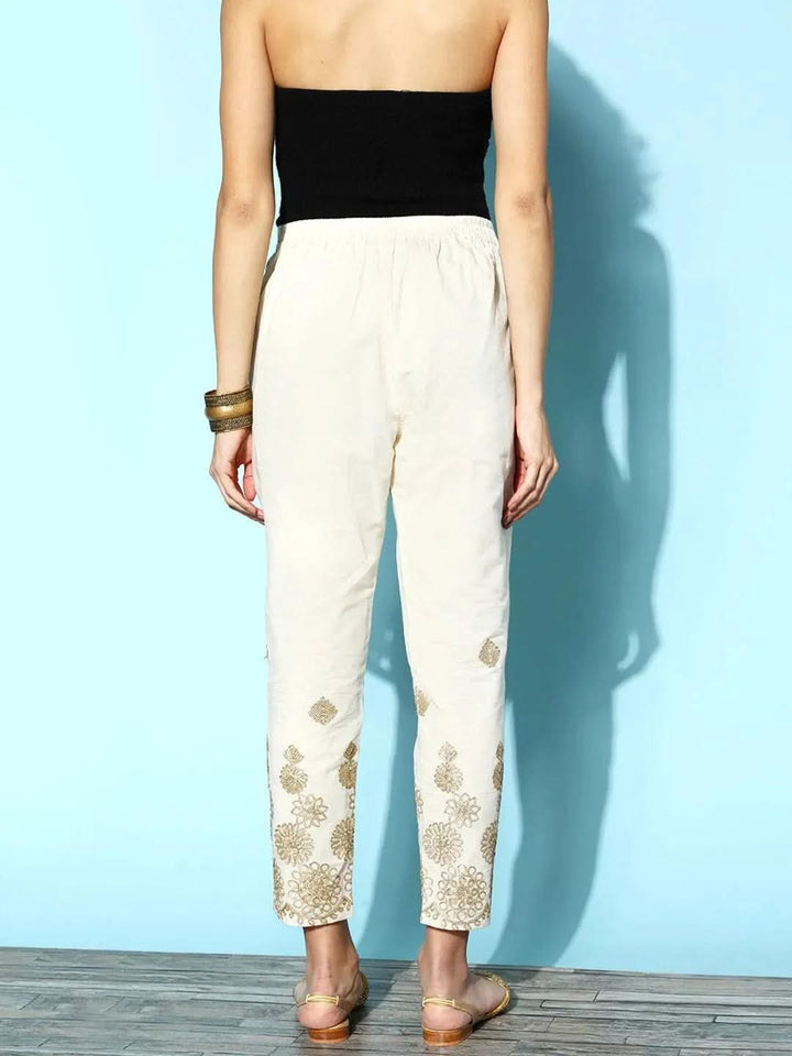 Cream Embroidered Cotton Trousers - Libas