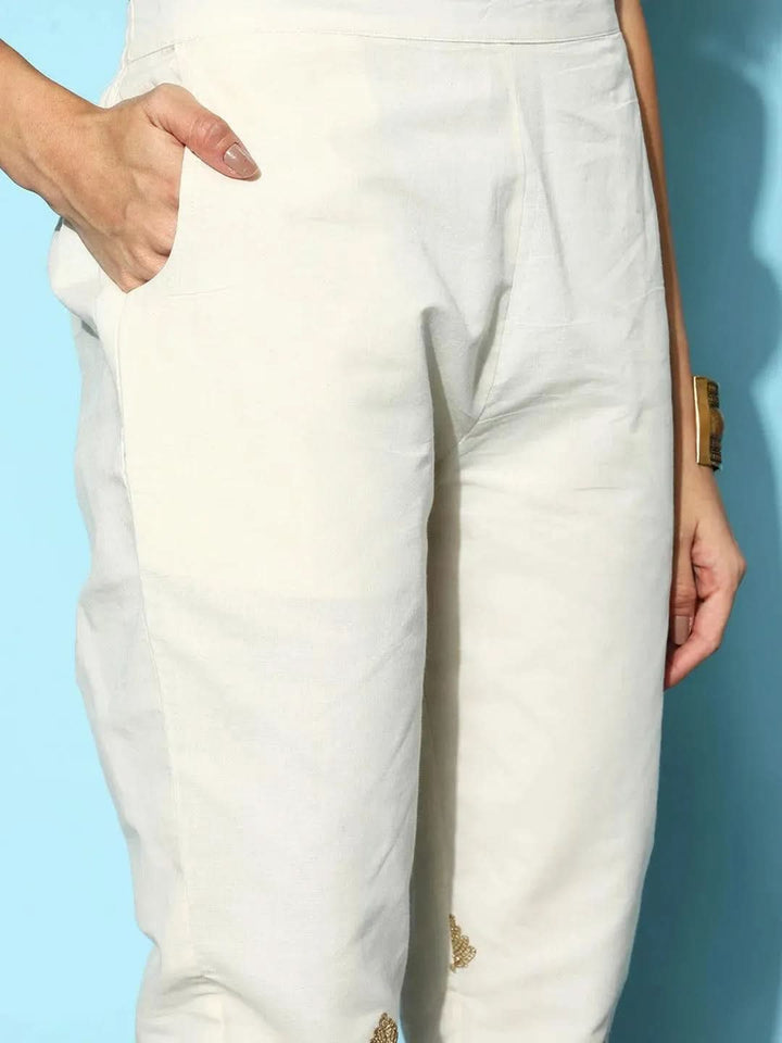 Cream Embroidered Cotton Trousers - Libas