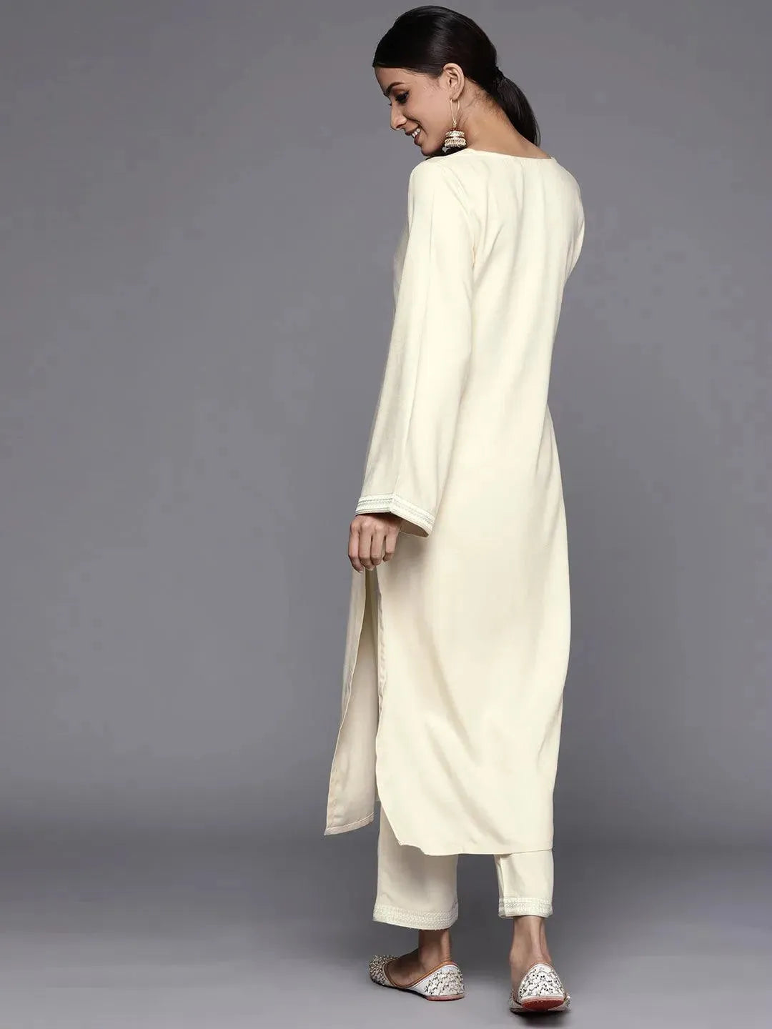 Cream Embroidered Pashmina Wool Kurta - Libas