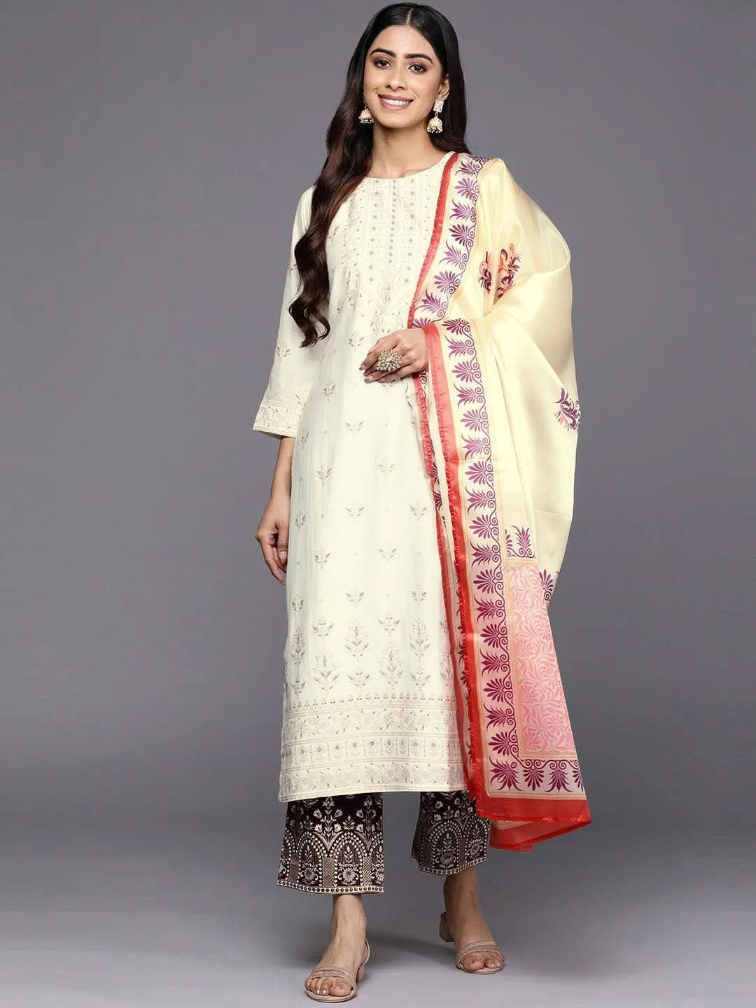 Cream Printed Chanderi Silk Straight Suit Set With Trousers - Libas