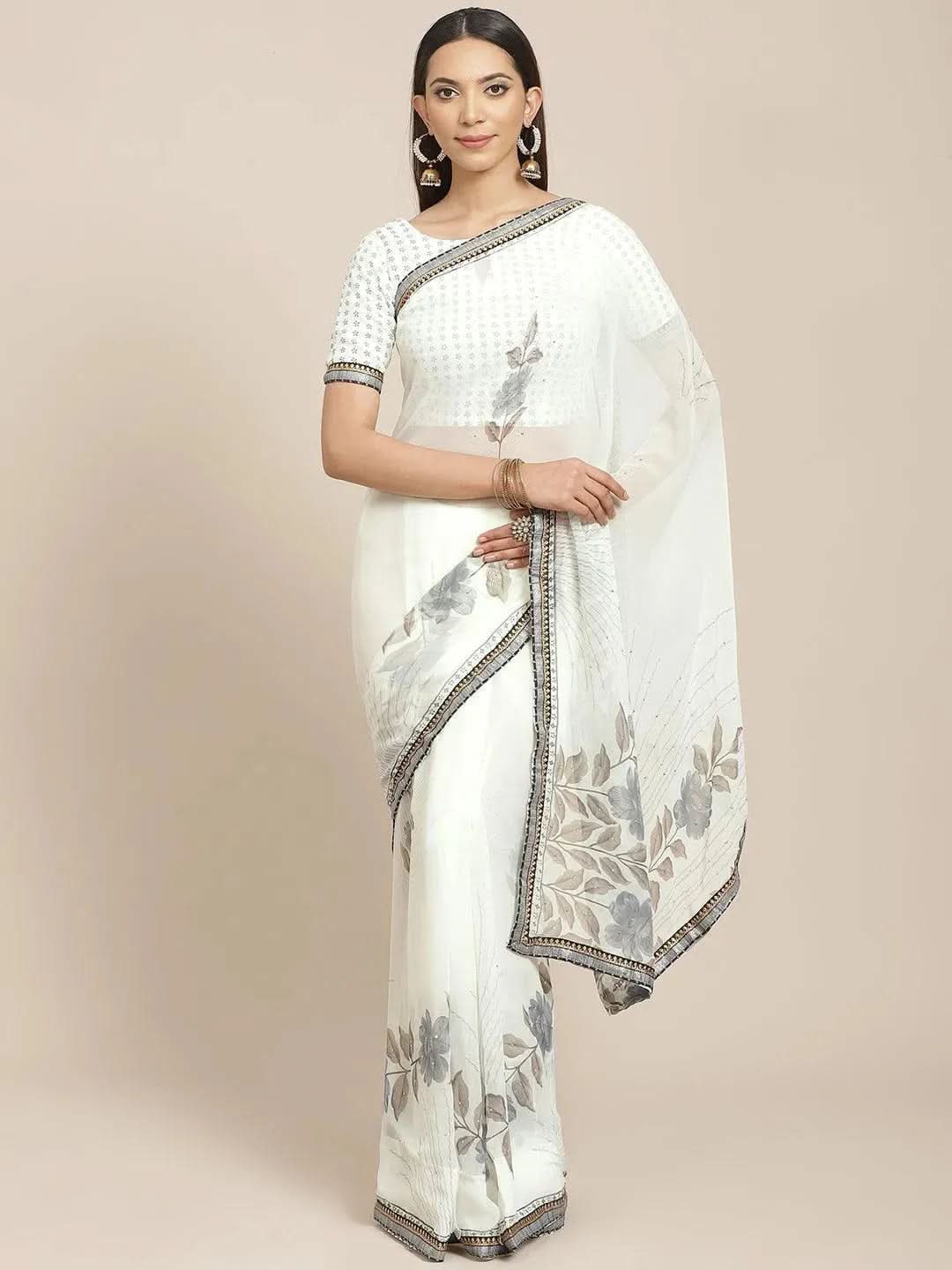 Cream Printed Chiffon Saree - Libas