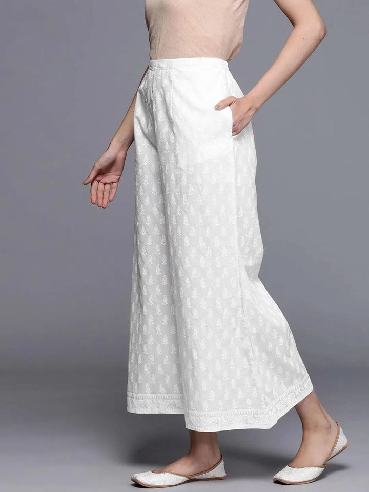 Cream Printed Cotton Palazzos - Libas