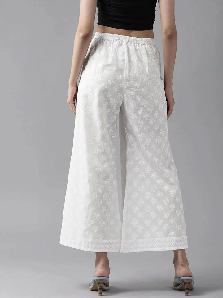 Cream Printed Cotton Palazzos - Libas