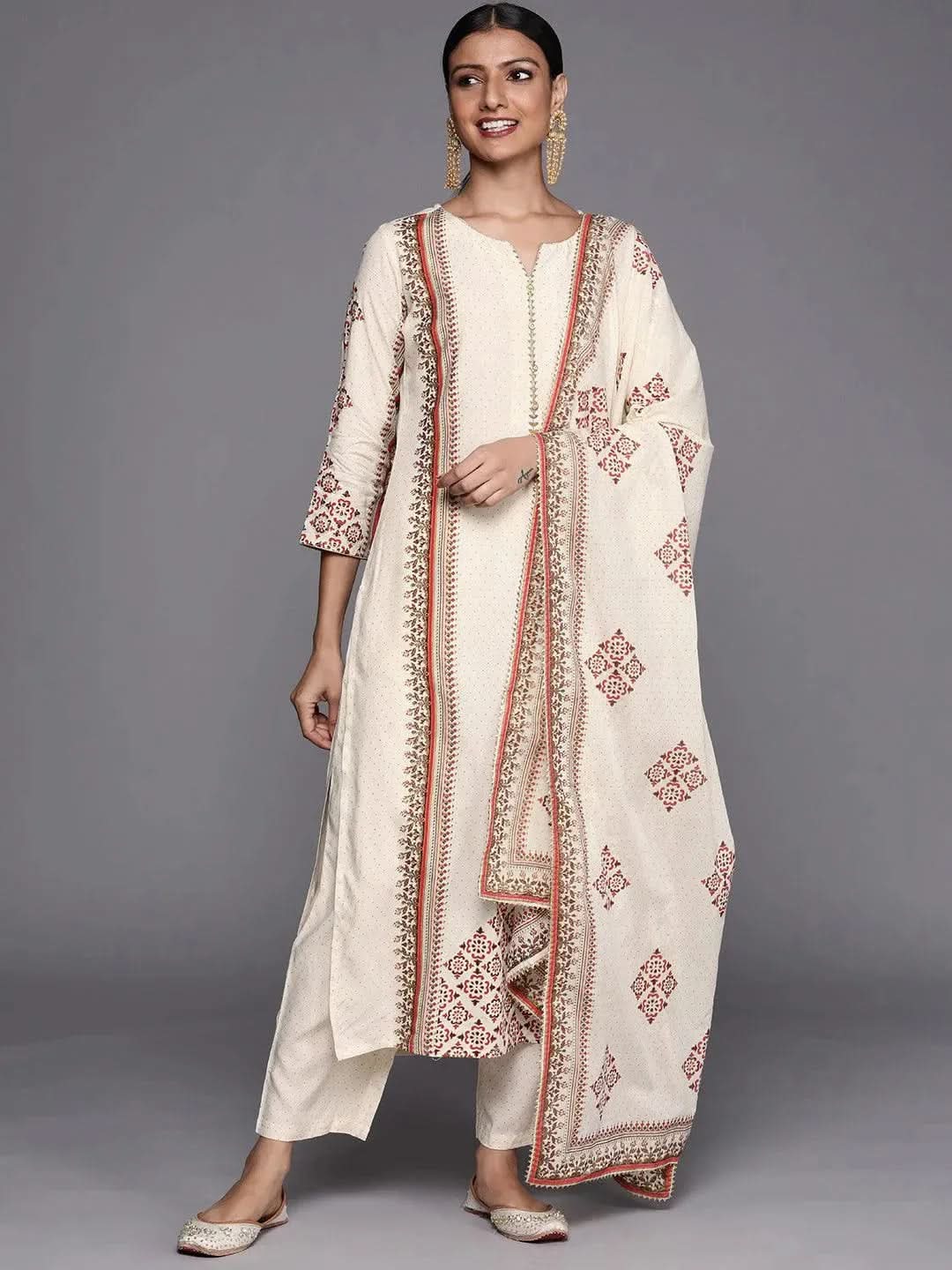 Cream Printed Cotton Blend Straight Suit Set - Libas