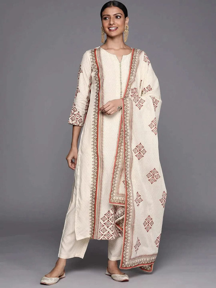 Cream Printed Cotton Blend Straight Suit Set - Libas