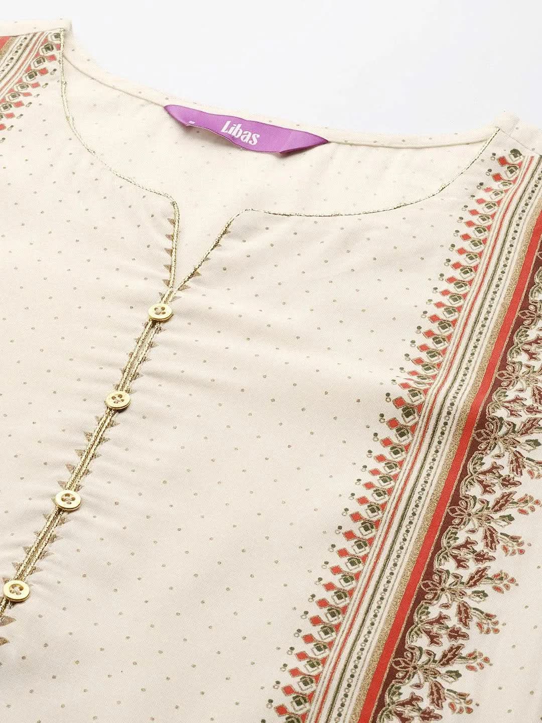 Cream Printed Cotton Blend Straight Suit Set - Libas