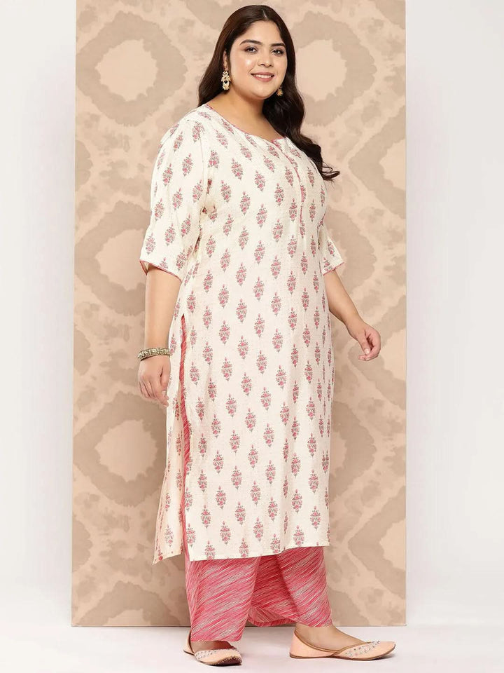 Cream Printed Silk Blend Straight Kurta With Palazzos and Dupatta - Libas