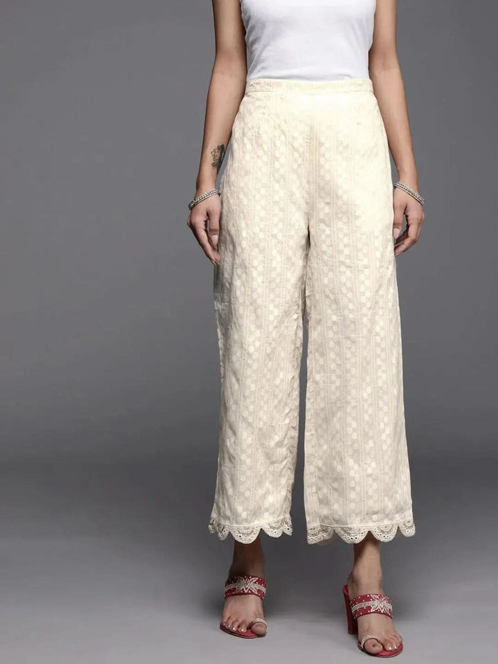 Cream Self Design Cotton Palazzos - Libas