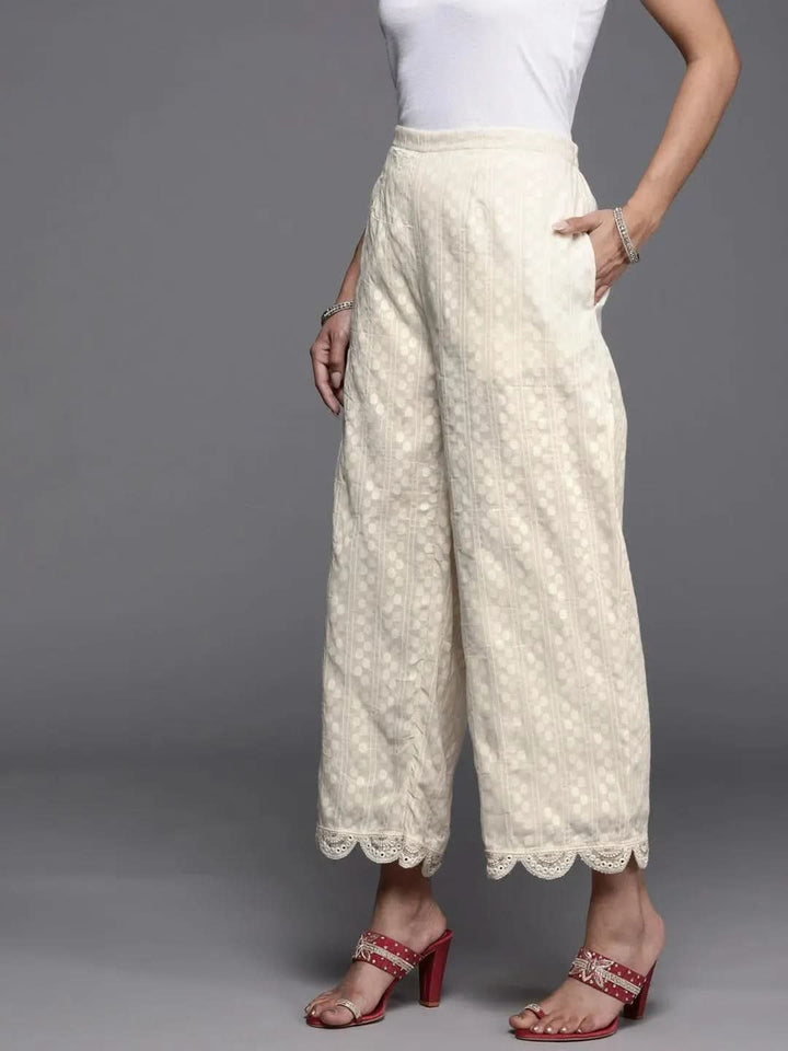 Cream Self Design Cotton Palazzos - Libas