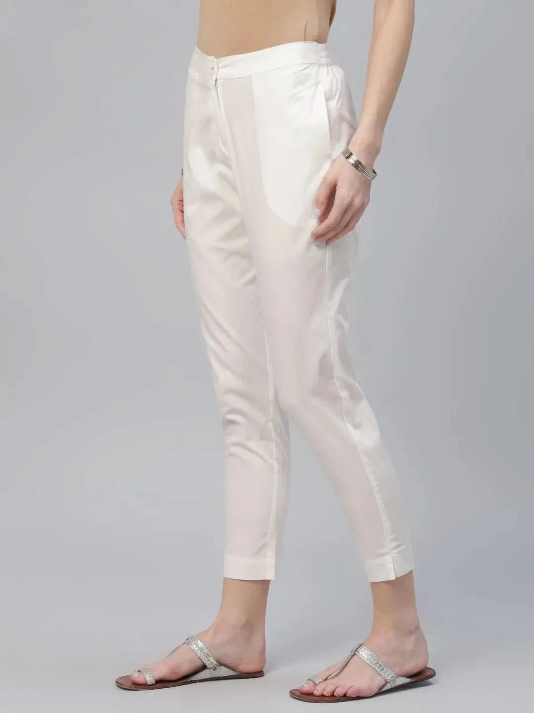 Cream Solid Cotton Trousers - Libas