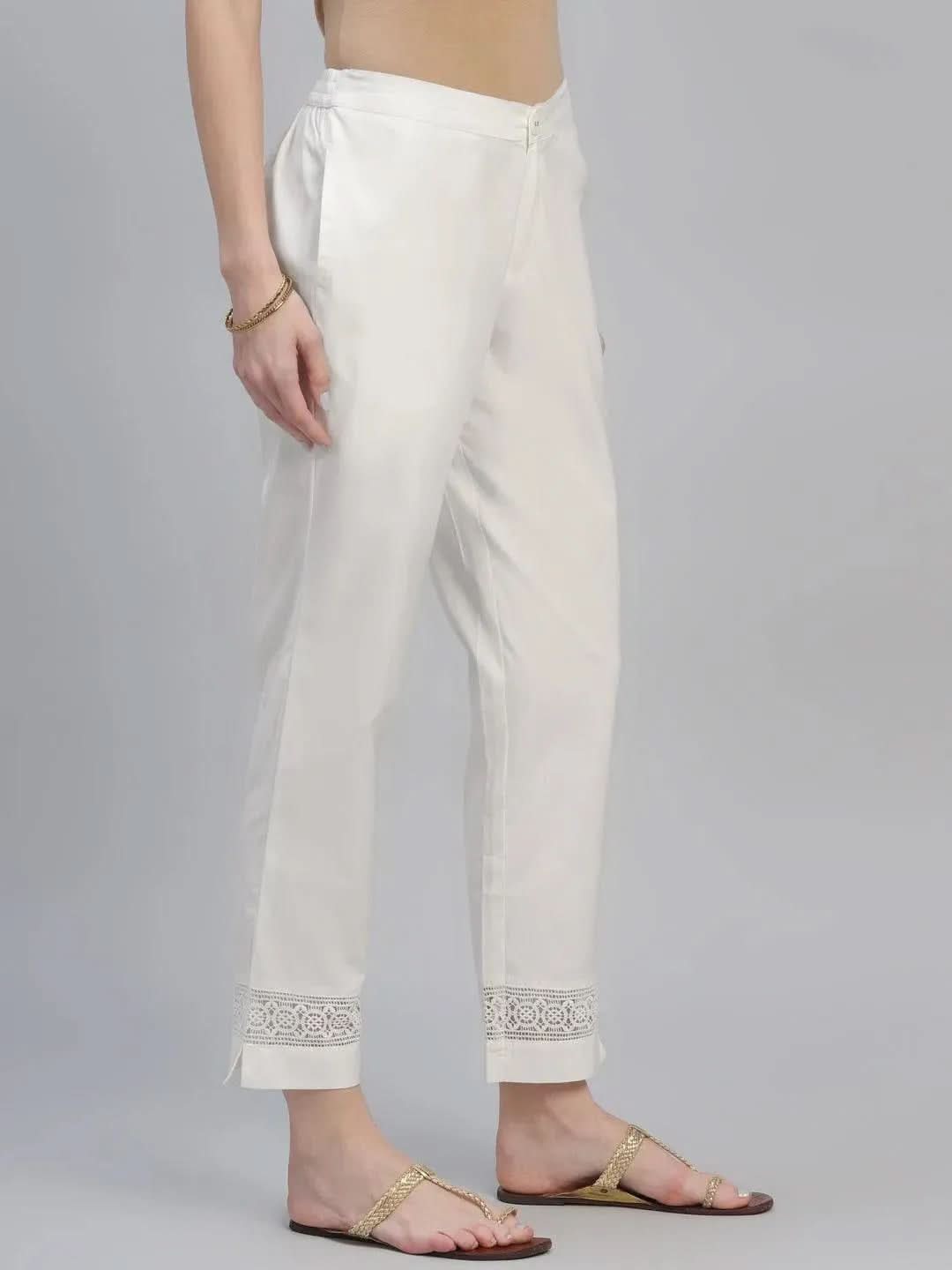 Cream Solid Cotton Trousers - Libas
