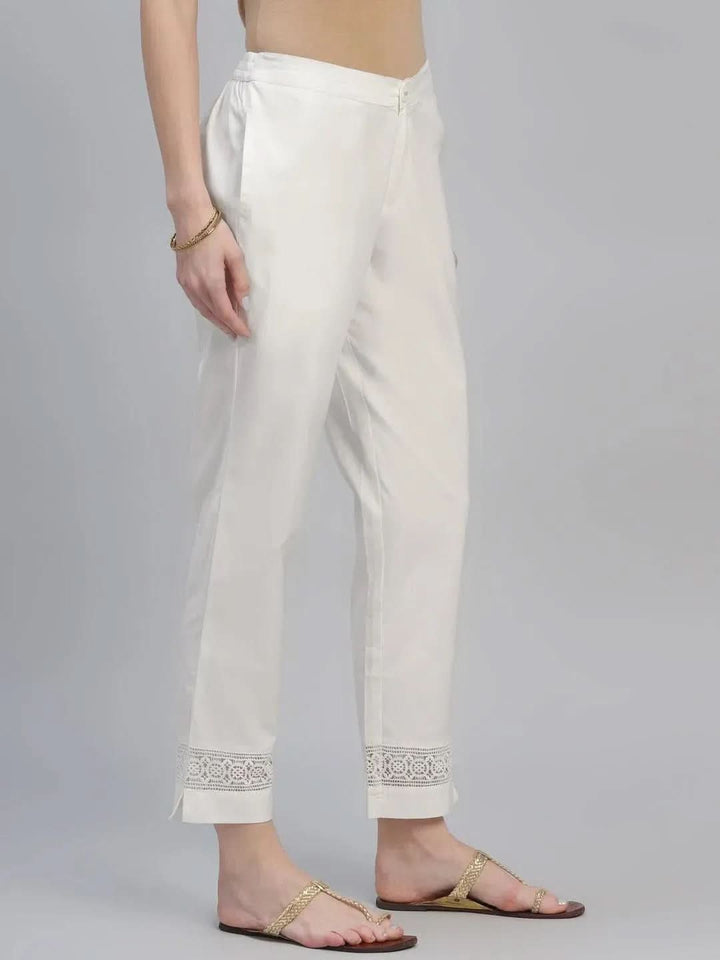 Cream Solid Cotton Trousers - Libas