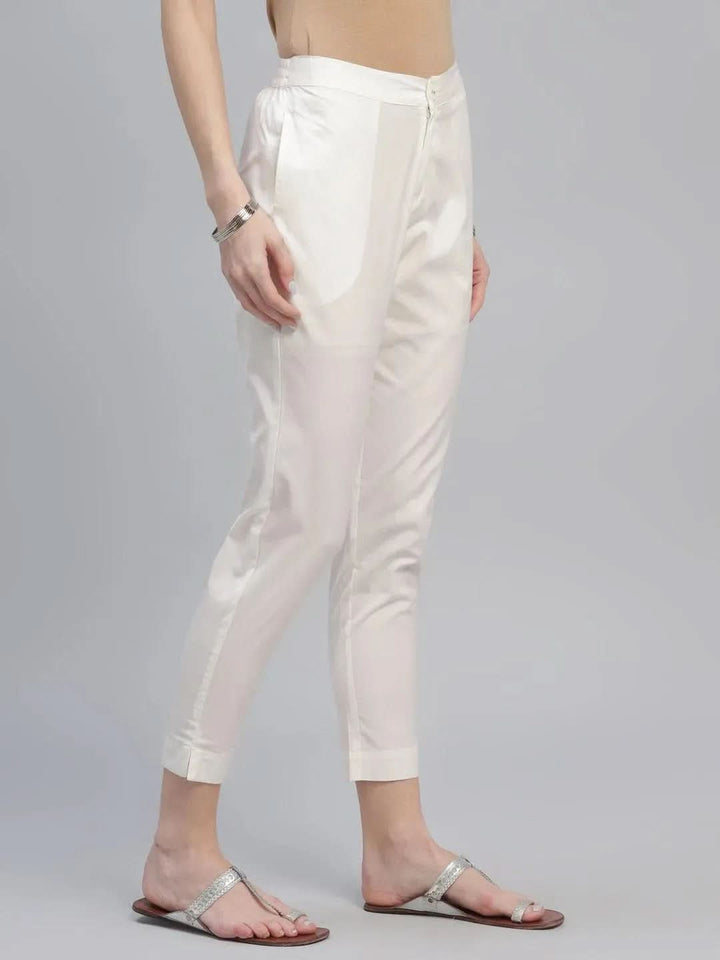 Cream Solid Cotton Trousers - Libas
