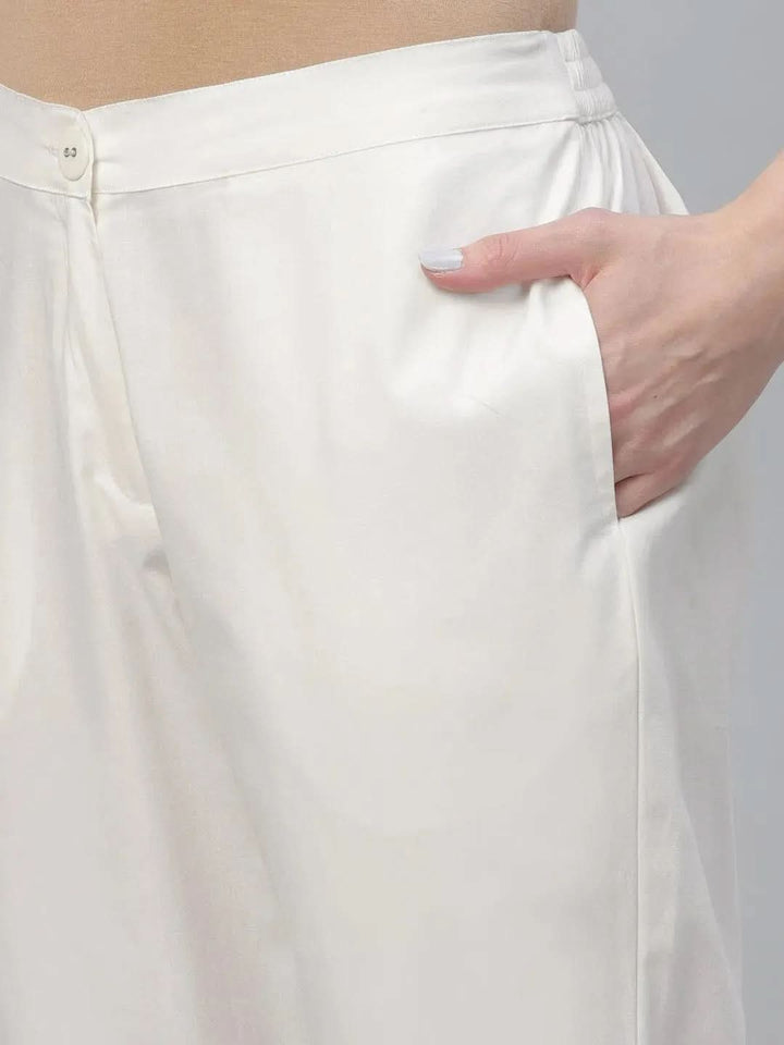 Cream Solid Cotton Trousers - Libas