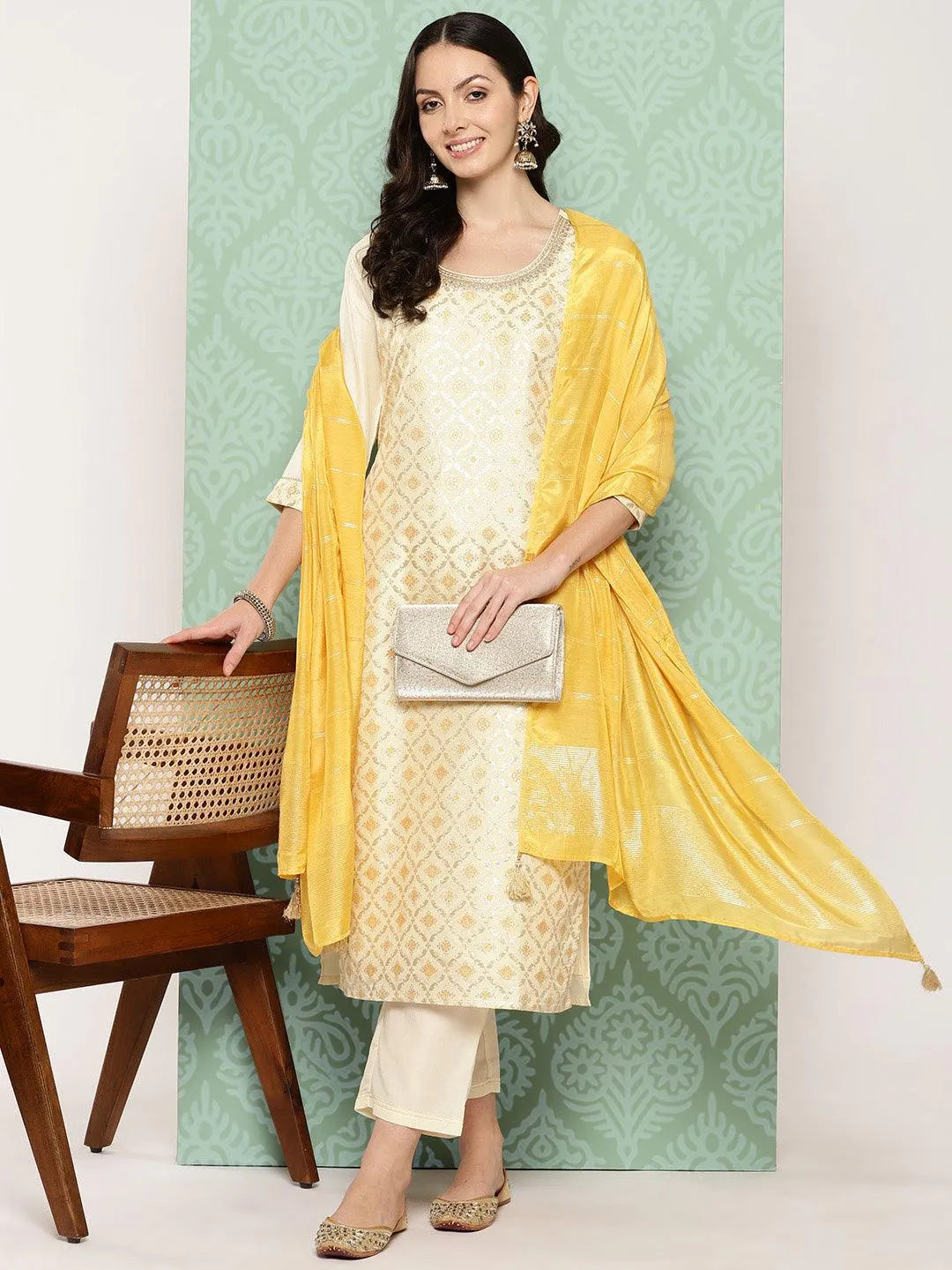 Cream Woven Design Silk Blend Straight Kurta With Trousers & Dupatta Online at Rs.1999 | Libas