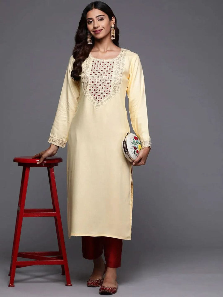 Cream Yoke Design Pashmina Wool Straight Kurta - Libas