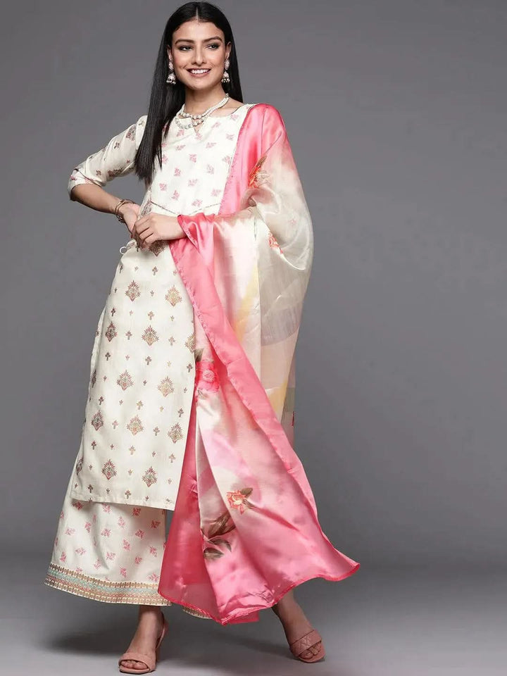Cream Yoke Design Silk Suit Set - Libas