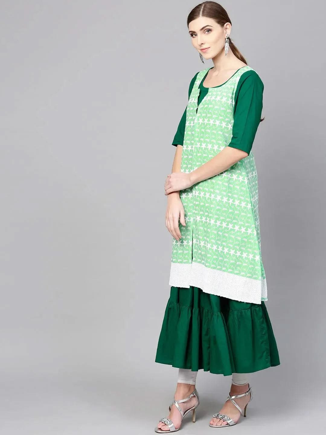 Dark Green Solid Cotton Kurta With Jacket - Libas