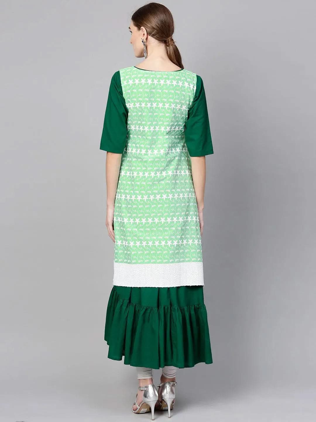 Dark Green Solid Cotton Kurta With Jacket - Libas