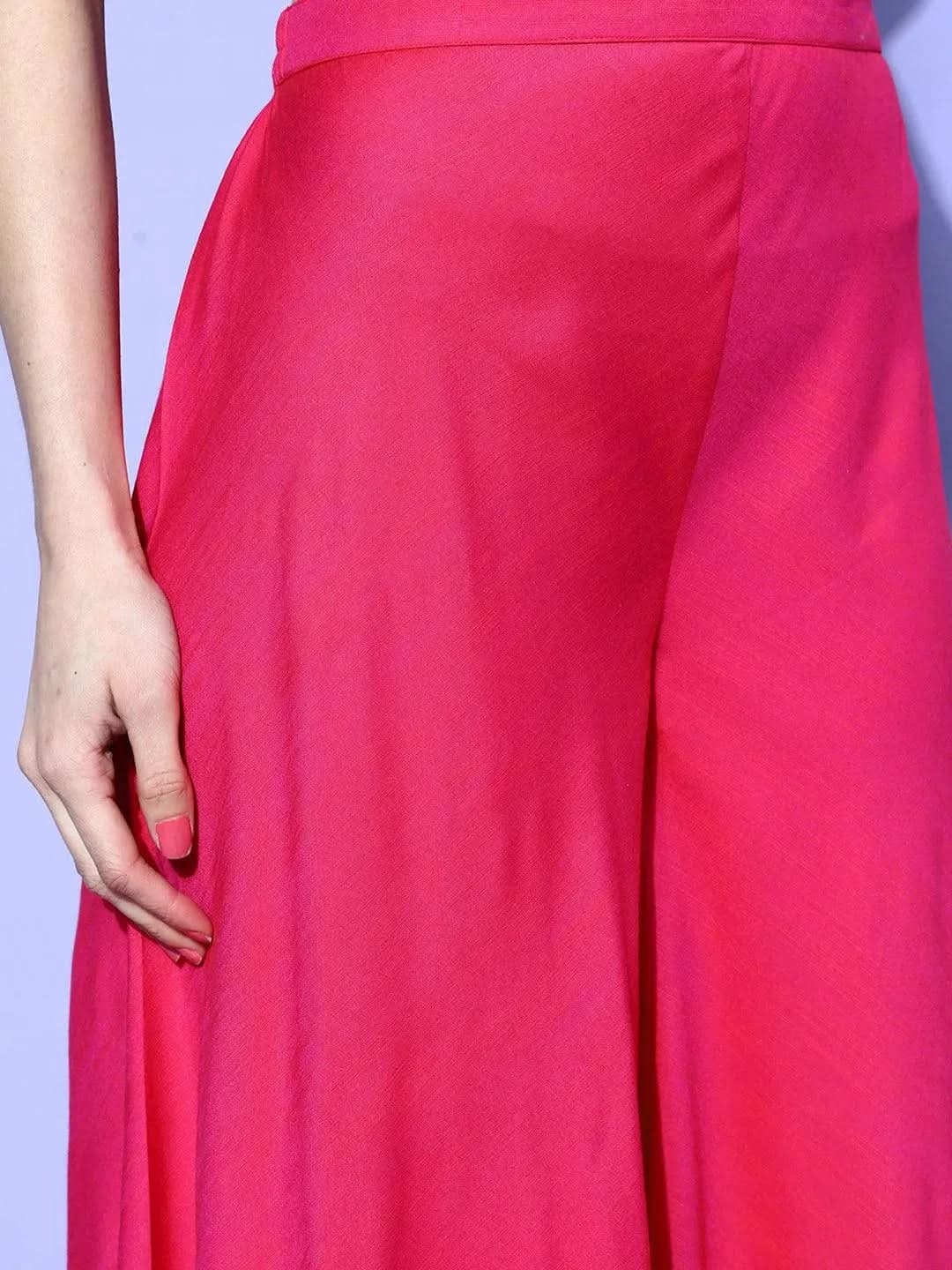 Fuchsia Self Design Silk Blend Top With Palazzos & Jacket
Fuchsia Self Design Silk Blend Top With Palazzos & Jacket