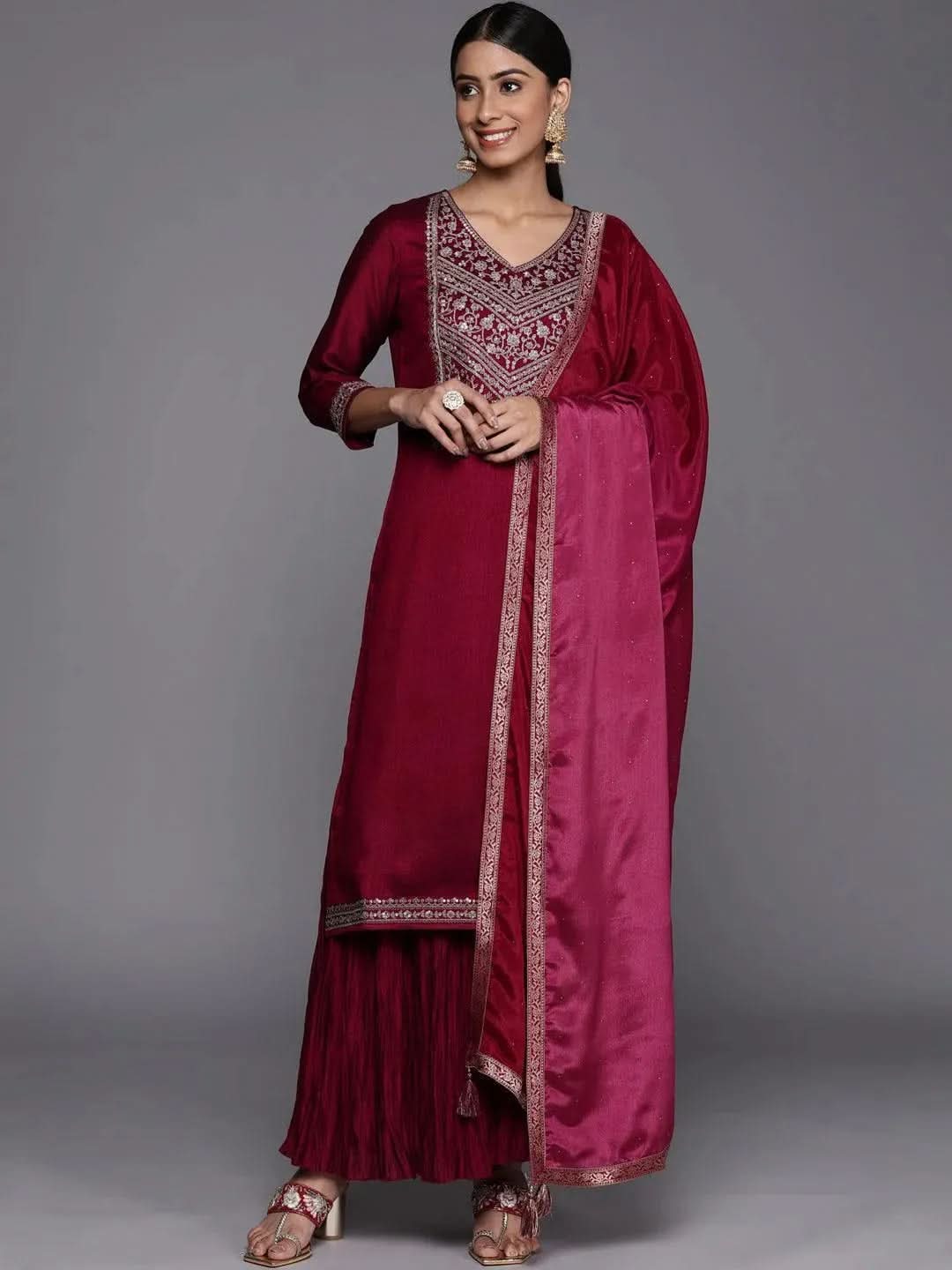 Fuchsia Yoke Design Silk Blend Straight Suit Set - Libas