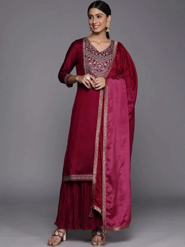 Fuchsia Yoke Design Silk Blend Straight Suit Set - Libas