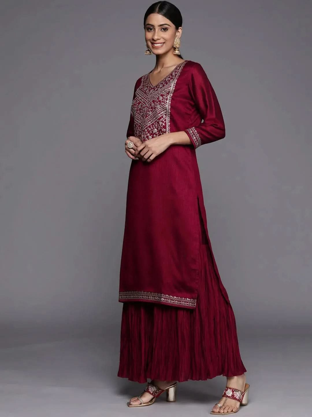 Fuchsia Yoke Design Silk Blend Straight Suit Set - Libas