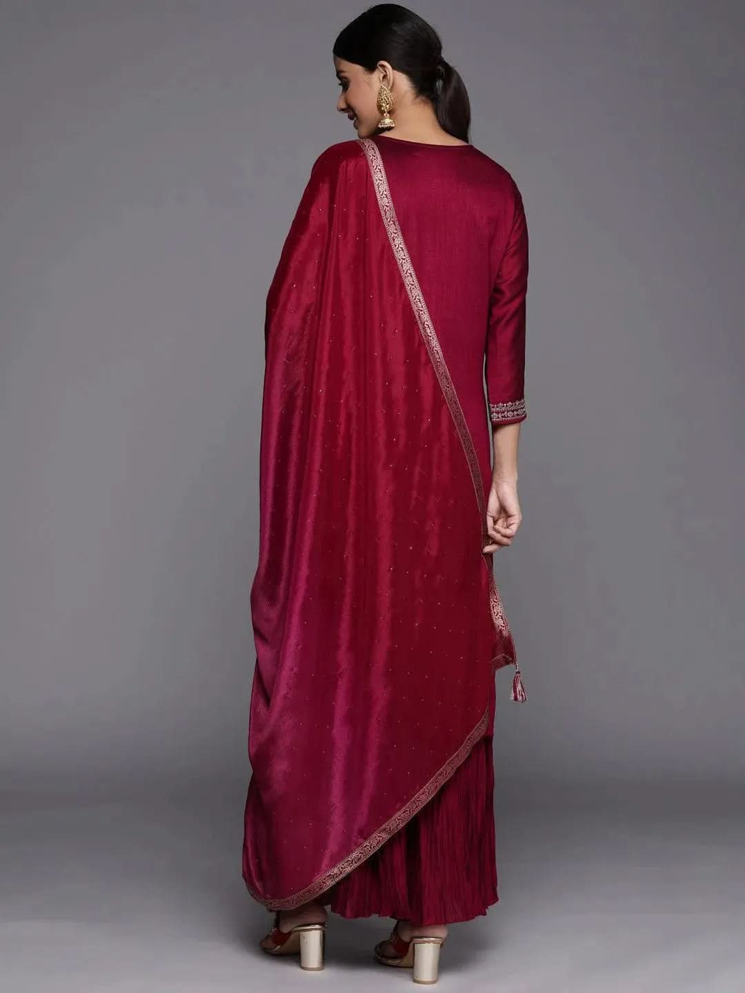 Fuchsia Yoke Design Silk Blend Straight Suit Set - Libas