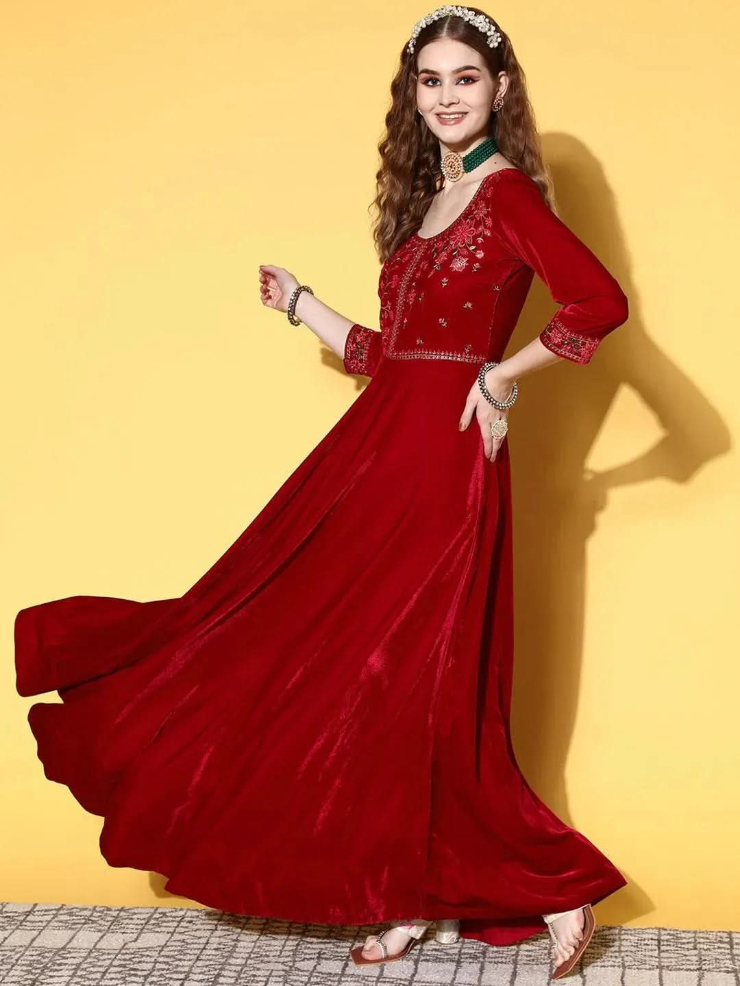 Fuchsia Yoke Design Velvet Anarkali Suit Set - Libas