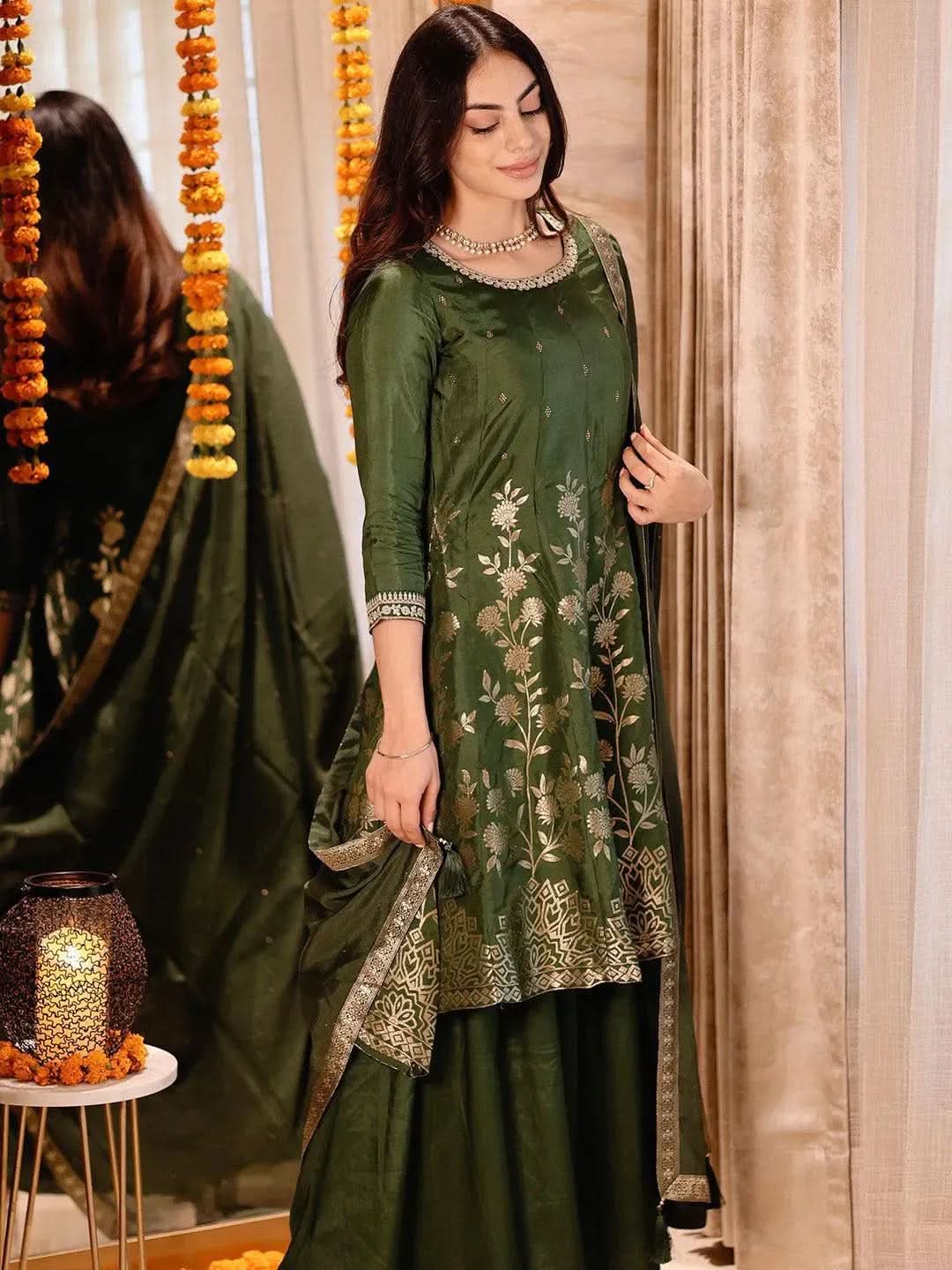 Green Brocade Silk Blend A-Line Kurta With Sharara & Dupatta
Green Brocade Silk Blend A-Line Kurta With Sharara & Dupatta