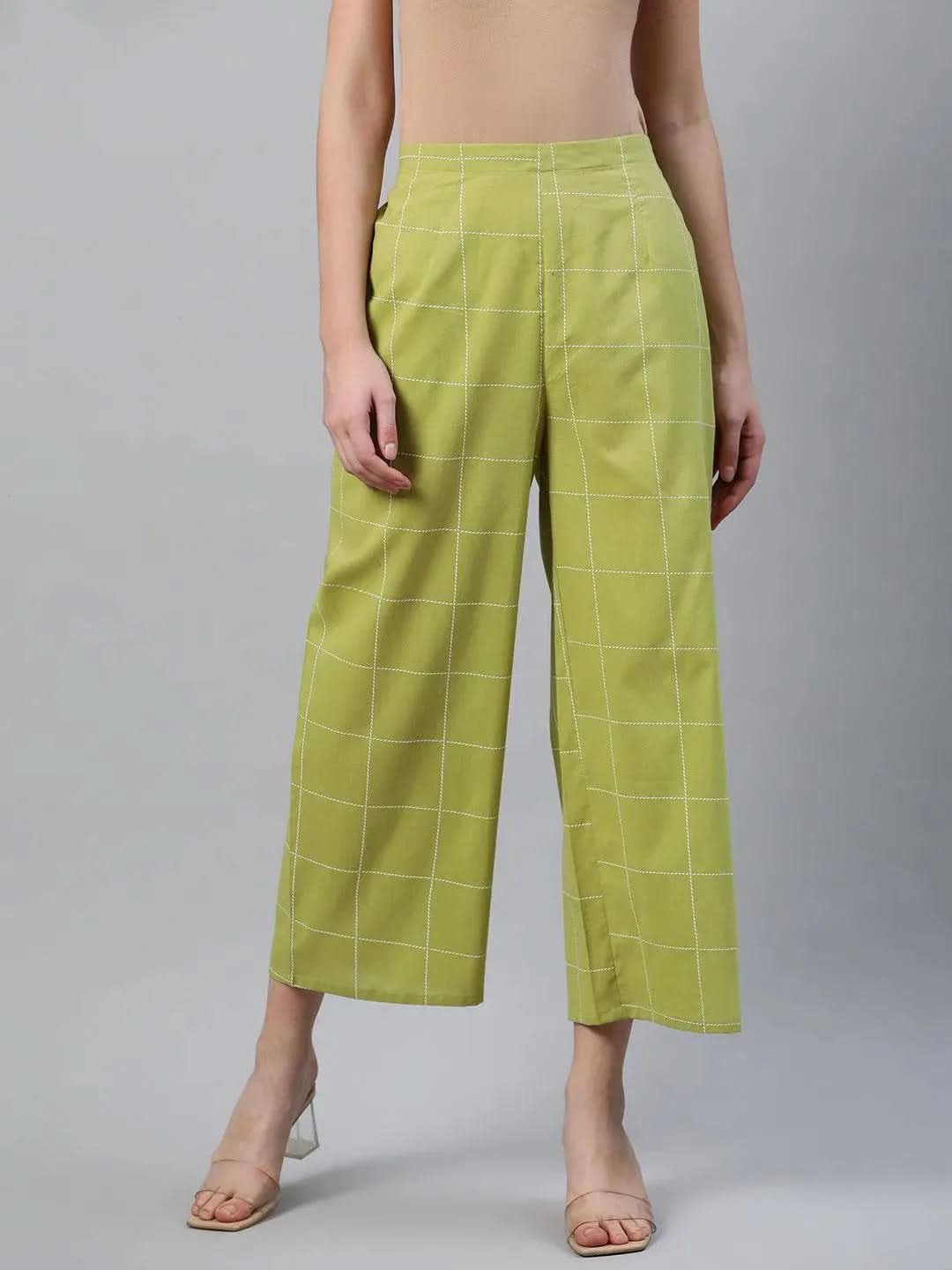 Green Checkered Cotton Palazzos - Libas