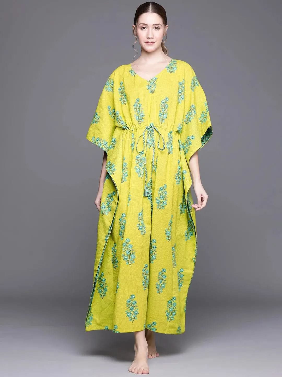 Green Cotton Printed Kaftan Nightdress - Libas