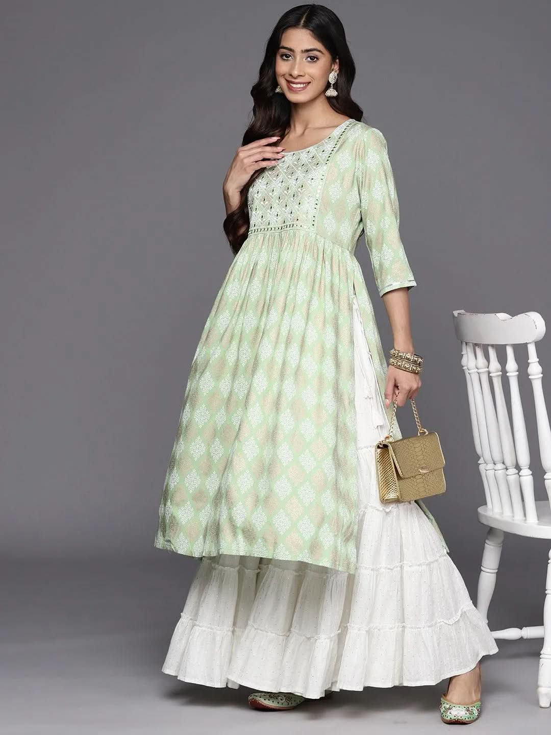 Green Embellished Rayon A-Line Kurta - Libas