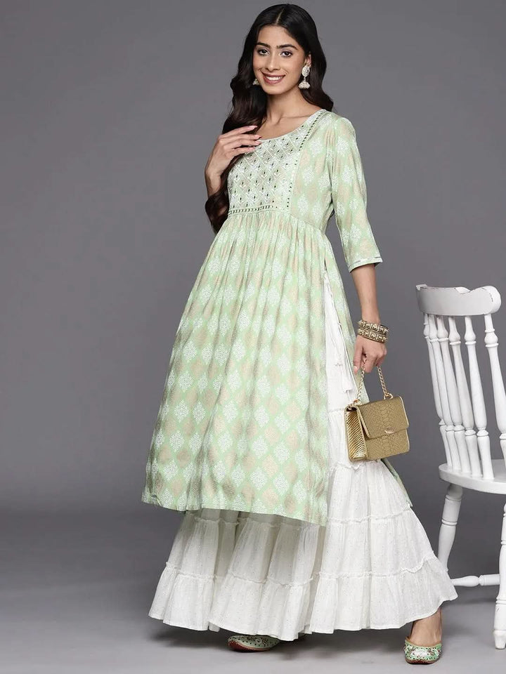 Green Embellished Rayon A-Line Kurta - Libas