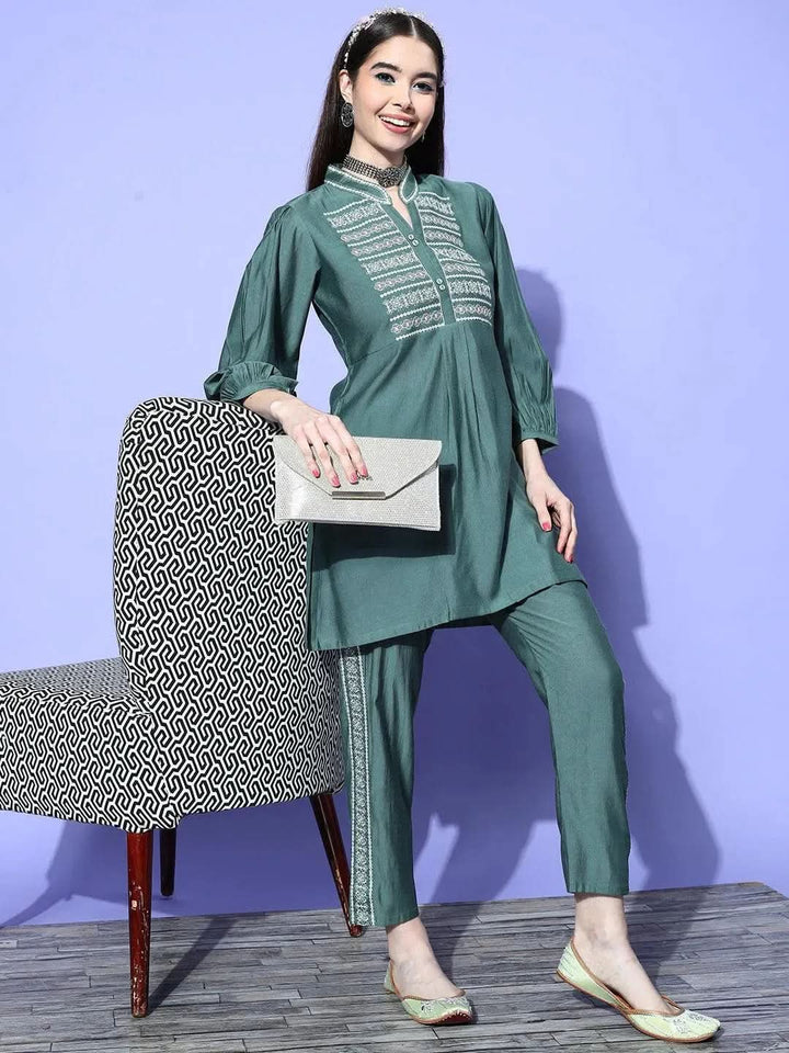 Green Embellished Silk Blend Tunic With Trousers - Libas