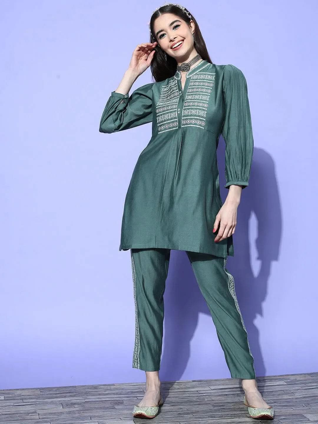 Green Embellished Silk Blend Tunic With Trousers - Libas