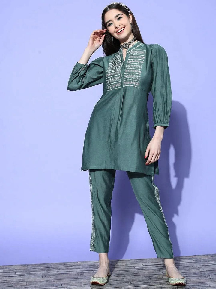 Green Embellished Silk Blend Tunic With Trousers - Libas