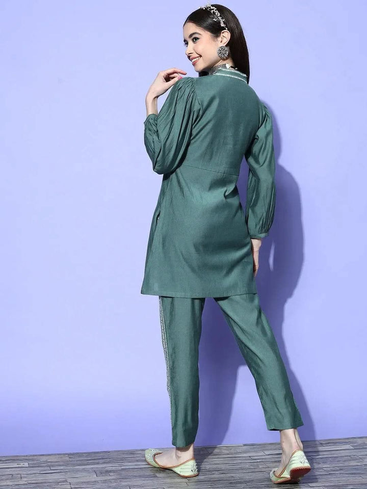 Green Embellished Silk Blend Tunic With Trousers - Libas