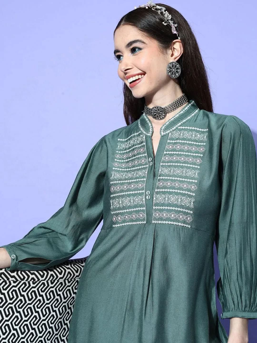 Green Embellished Silk Blend Tunic With Trousers - Libas