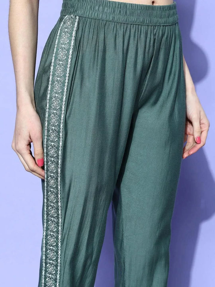 Green Embellished Silk Blend Tunic With Trousers - Libas