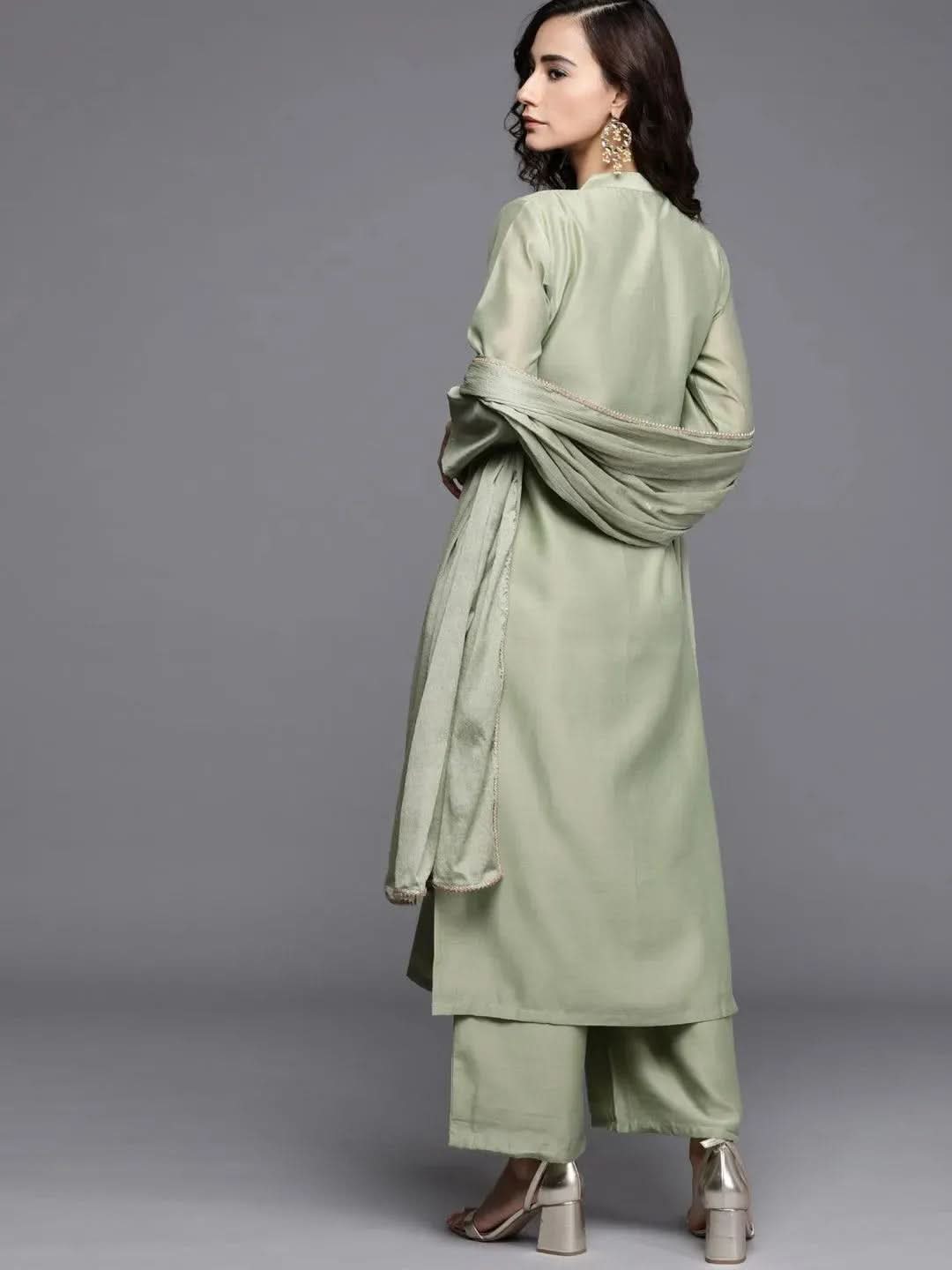 Green Embroidered Chanderi Silk Straight Kurta With Palazzos & Dupatta
Green Embroidered Chanderi Silk Straight Kurta With Palazzos & Dupatta