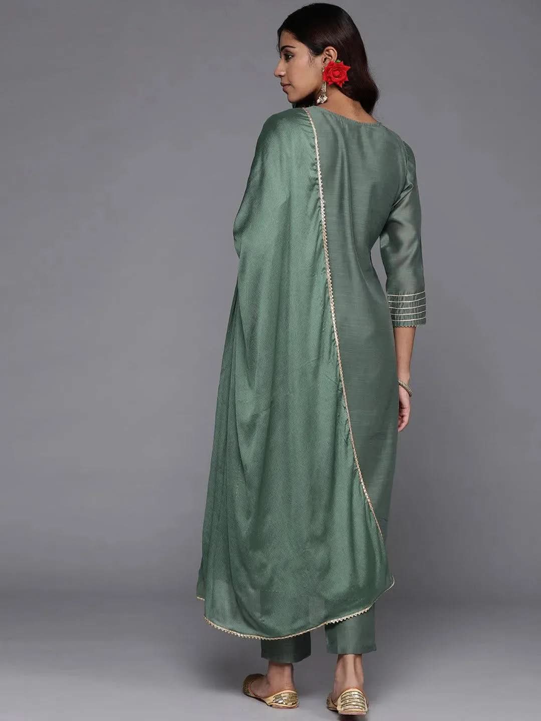 Green Embroidered Chanderi Silk Straight Kurta With Trousers & Dupatta 
Green Embroidered Chanderi Silk Straight Kurta With Trousers & Dupatta