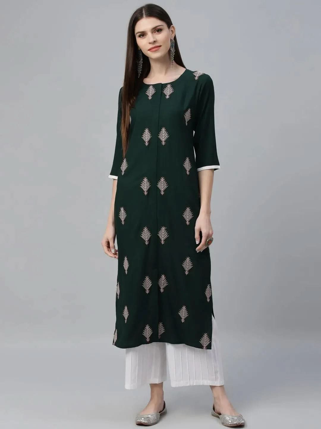 Green Embroidered Cotton Kurta - Libas