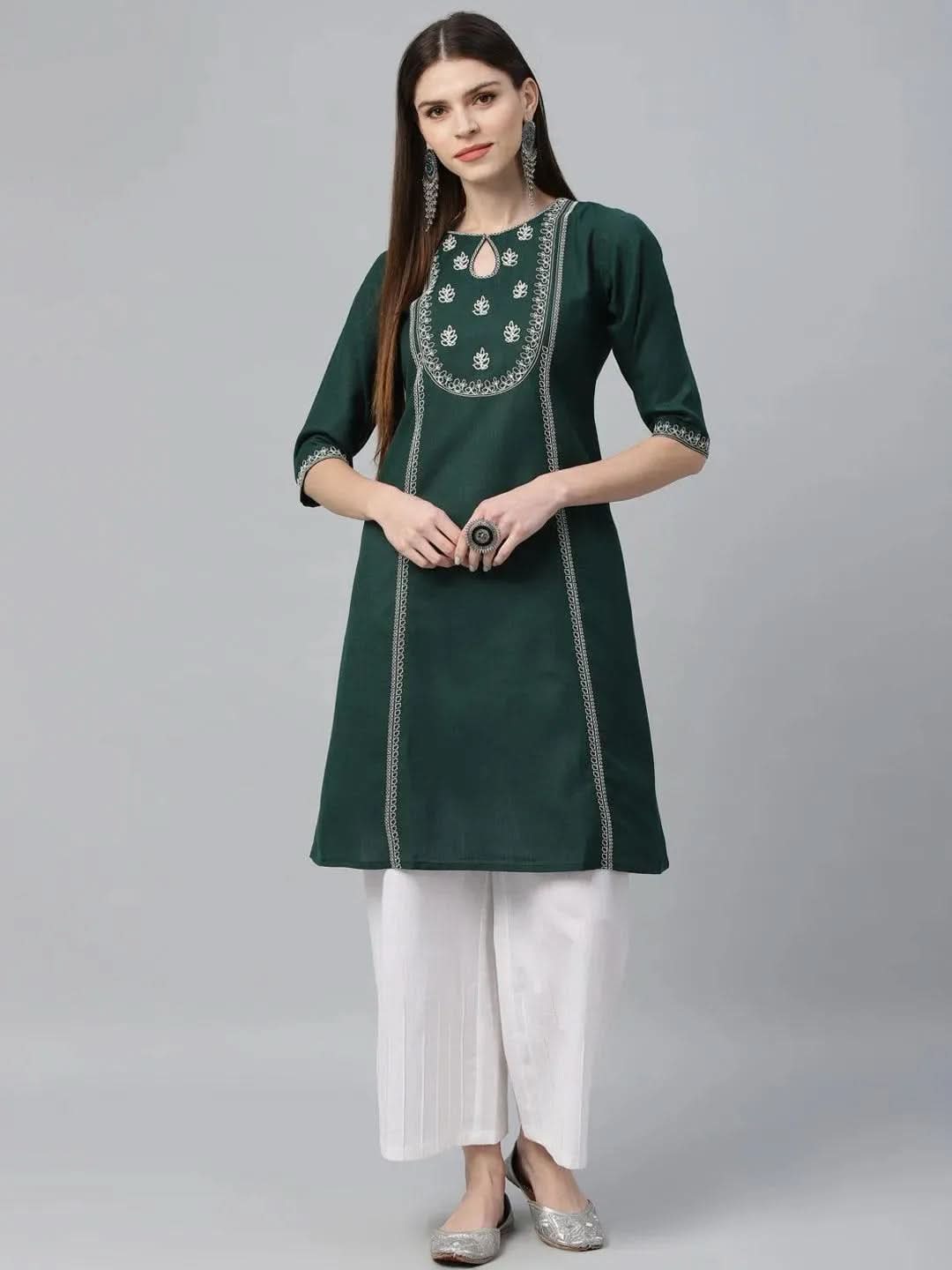 Green Embroidered Cotton Kurta - Libas