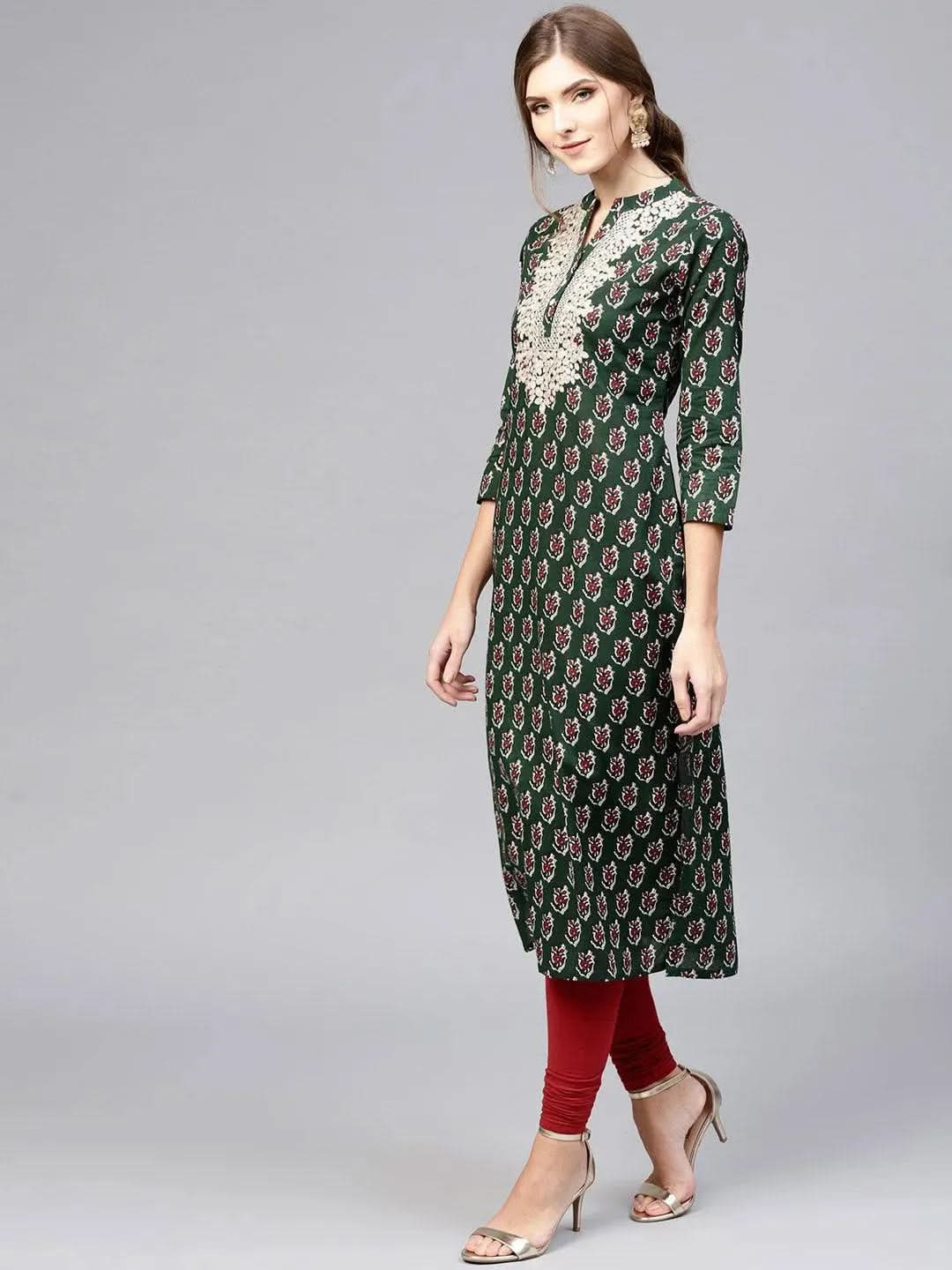 Green Embroidered Cotton Kurta - Libas
