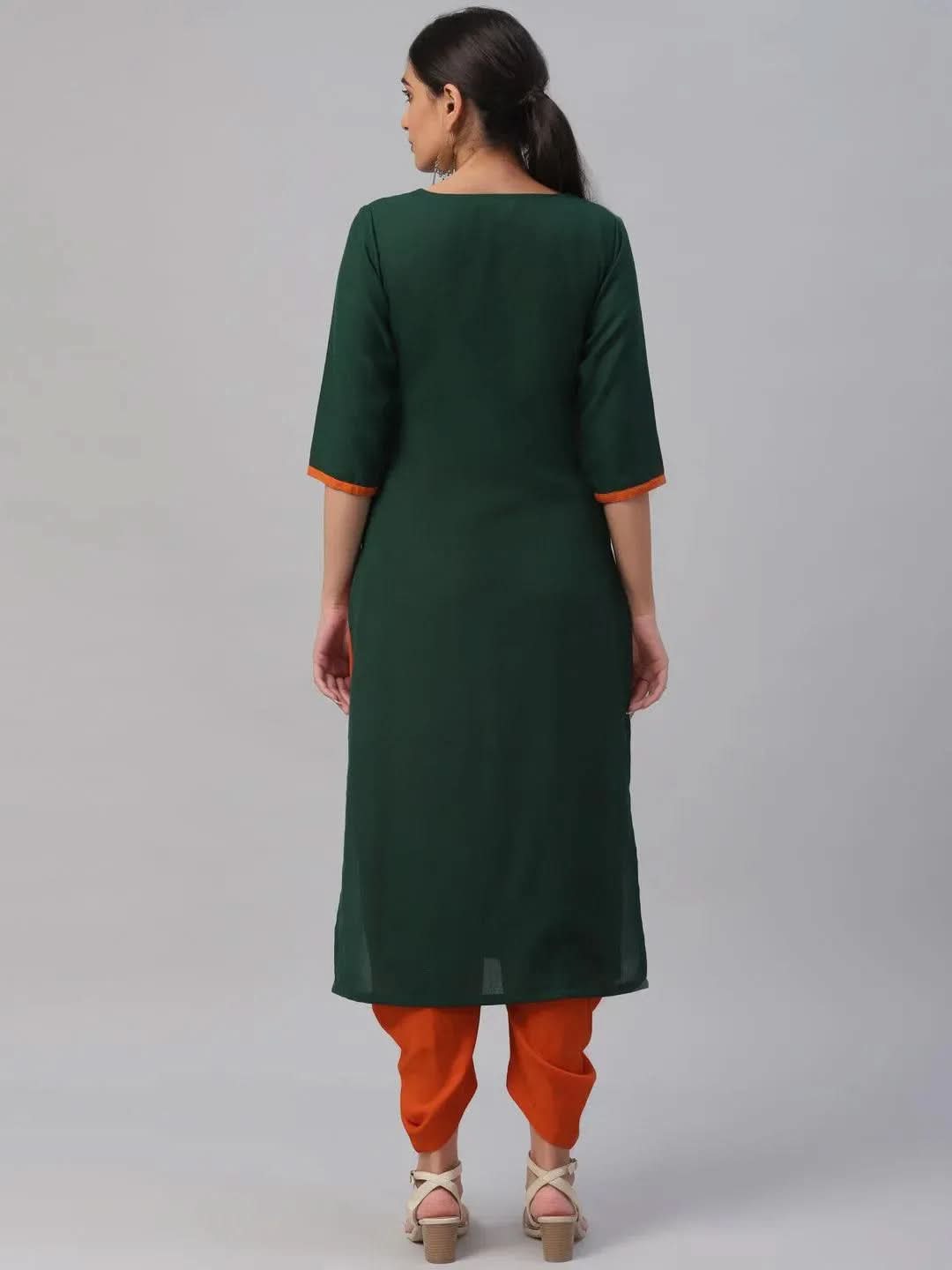 Green Embroidered Cotton Kurta - Libas
