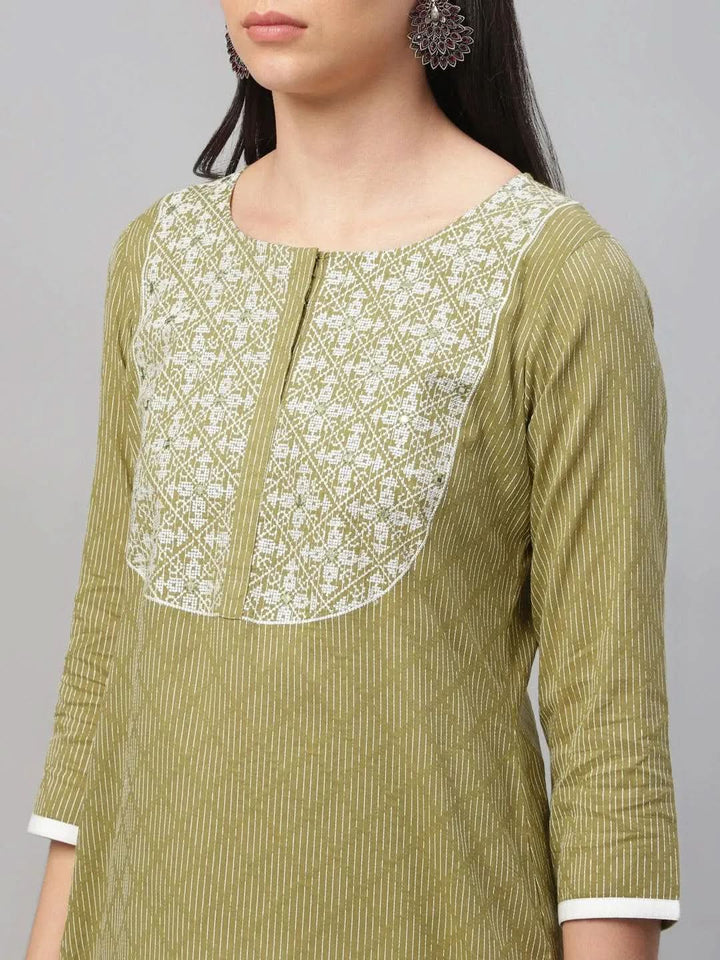 Green Embroidered Cotton Kurta - Libas